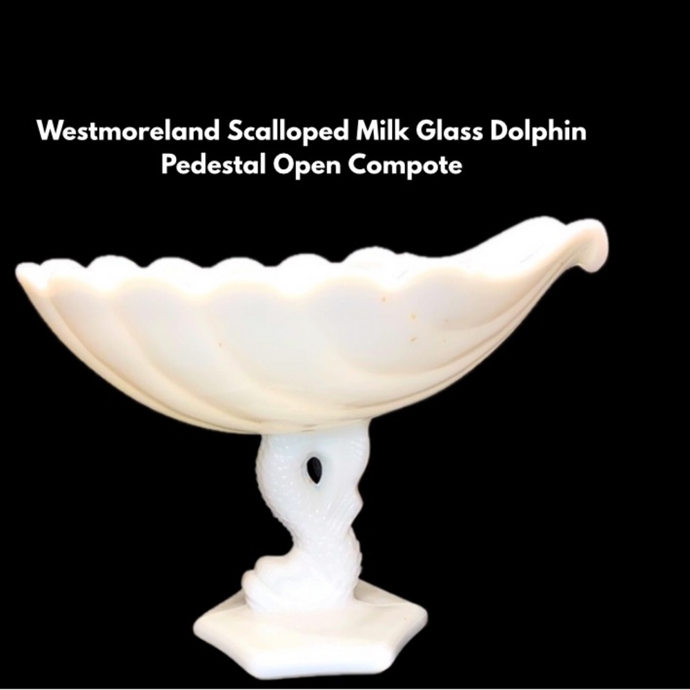 Westmoreland Scalloped Milk Glass Dolphin Pedestal Open Compote